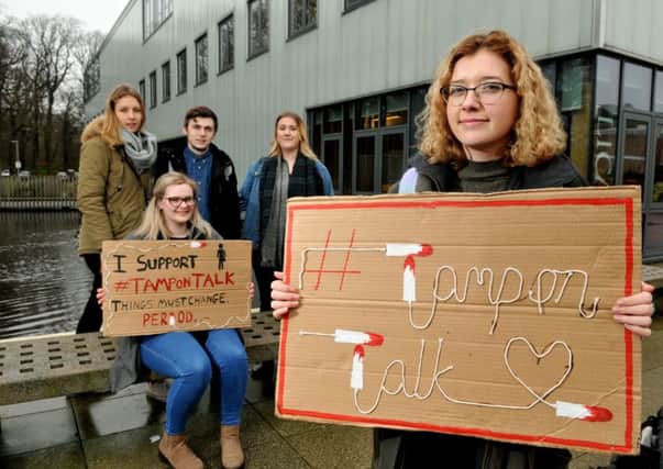 Photo Neil Cross
Molly Blackwell of the Tampon talk group of students with Zoe Taylor, Ida Mau, Kyle Austin and Kelly Thurston, from Lancaster University have set up a petition calling for free sanitary products in gender neutral bathrooms at the Uni and in public bathrooms in Lancaster
