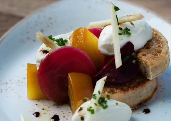 Toasted crumpets with goats cheese mousse, apple and heritage beetroot: 4 portions