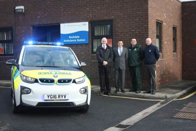 From right: Stuart Rankine, Vehicle and Equipment Manager for NWAS, Neil Maher, Assistant Director Service Delivery Support for NWAS, Gary Eaton, Operations Manager for NWAS and Nick Withington, Regional Operations Manager for BMW Group test out the new electrically powered rapid response vehicle at Rochdale ambulance station.
