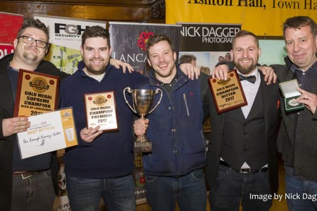 From left Tom Duxbury, John Judge, Rory Walker, Jo Parker and Martin Horner at the Lancaster Beer Festival. Picture by Nick Dagger Photography.