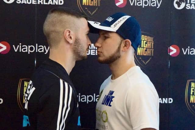 Isaac Lowe, right, and Dennis Ceylan go head-to-head at their final press conference in Copenhagen. Picture: Team Sauerland.