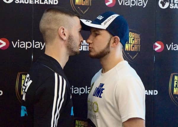 Isaac Lowe, right, and Dennis Ceylan go head-to-head at their final press conference in Copenhagen. Picture: Team Sauerland.
