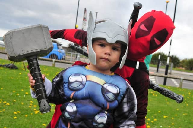 Photo: David Hurst
Brothers Kaleb. age 6 and Theon Lucas age 2 from Morecambe in superhero costume at the Morecambe Comic Con Festival held in The Platform.