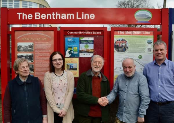 From left: David Alder, LMCRP Treasurer, Catherine Huddleston, Partnership Officer, Colin Speakman, DBCIC, Gerald Townson, LMCRP Chairman, and Paul Chattwood, DBCIC, before recent discussions at Bentham station.