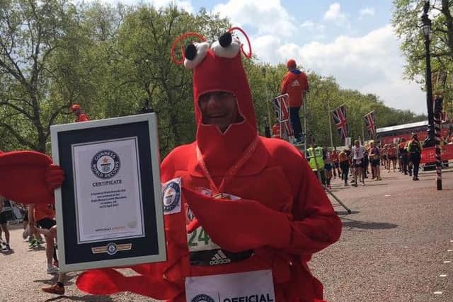 Simon Couchman from Lancaster completed the London Marathon dressed as a lobster.