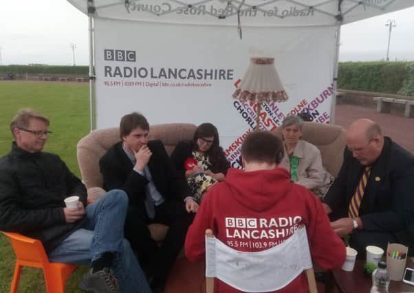 The Morecambe and Lunesdale general election candidates interviewed by BBC Radio Lancashire's Mike Stevens on the promenade on Wednesday. Left to right; David Morris (Conservative), Matt Severn (Liberal Democrat), Vikki Singleton (Labour), Cait Sinclair (Green) and Robert Gillespie (UKIP).