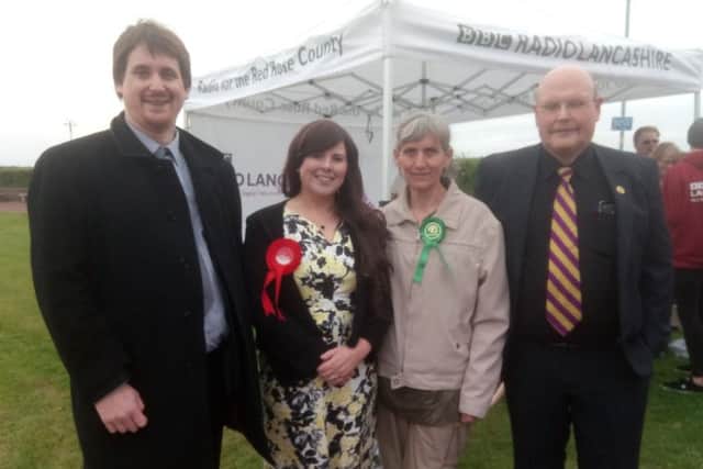 The Morecambe and Lunesdale general election candidates pictured after the BBC Radio Lancashire interview. Left to right, Matt Severn (Liberal Democrat), Vikki Singleton (Labour), Cait Sinclair (Green) and Robert Gillespie (UKIP). David Morris, the Conservative candidate, is not pictured because he left immediately after the broadcast.