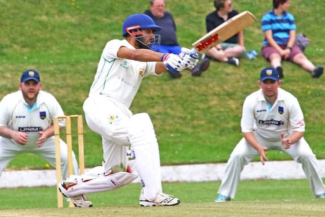 Morecambe opener Viraj Bhatia goes on the attack against Lancaster. Picture: Tony North