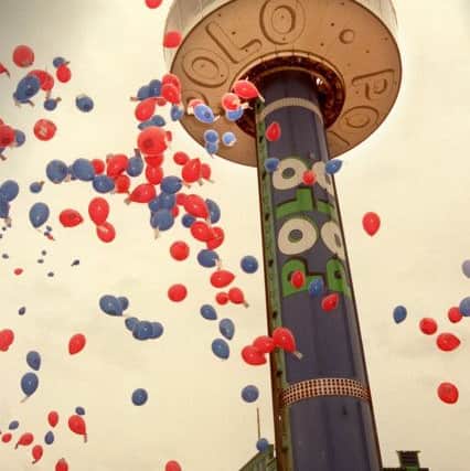 Some of the 2,500 balloons rise above the Polo Tower in Morecambe after the Mayor of Lancaster coun Sybil Rostron launched  the Royal British Legion's Lancashire Poppy Appeal for 1999. 301099-4.