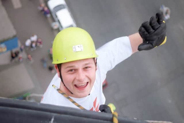 Paul Davies, one of five locals who abseiled down the Polo Tower in Morecambe to raise money for the local Blind Society on Saturday. The team expressed their thanks to Frontierland for the 150ft tower, Morecambe High School for the equipment and freelance mountain guide Robin Andrews for the know-how!