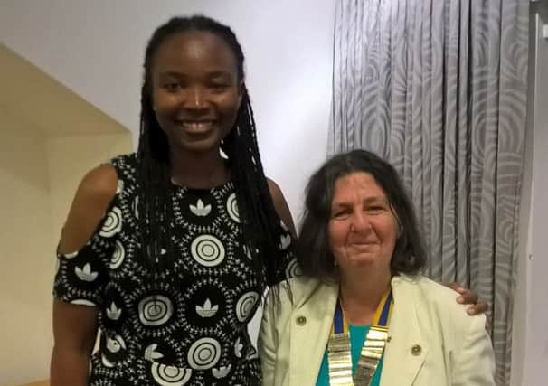 Rotary sponsored peace scholar Jody-Ann Anderson from Jamaica visited the Loyne Rotary club at the Globe Arena Morecambe to talk about the Rotary Peace scholarship program and her own personal experience. She is pictured with Susan Wilson,  President of Loyne Rotary.