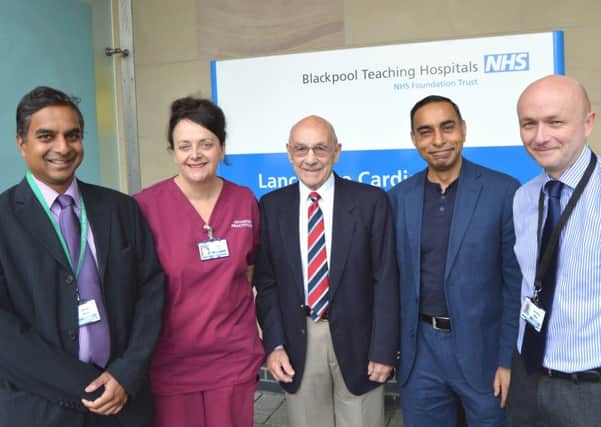 Ronald Bosdet, cardiac patient (centre) with from left: Mr Amal Bose, Sister Kate Lee, Dr Ranjit More and Dr Andrew Wiper.