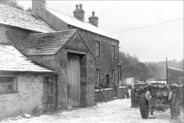 Backsbottom Farm around 1950. The farmhouse and buildings were first built in 1777. It was rebuilt in 1914. It was farmed at this time by Bill and Alice Brown, who in the Wray flood of August 8 1967 very nearly lost their lives when the flood waters destroyed their farm.