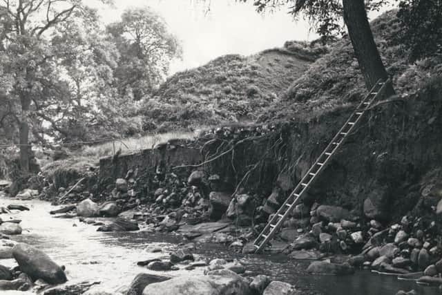 This was the only way home for the Mickle family for three months until the new bridge was built. They carried all their farm and home requirements up this ladder. The remains of the damaged water pipe can be seen on the left of the photograph.
The bridge to Haylot Farm, locally known as Drunken Bridge, was never rebuilt. The rock where the old bridge stood was considered too weak to support the new bridge.
The landlord could not agree with Lancashire County Council on a new position. Hence the temporary ford is still in existence.