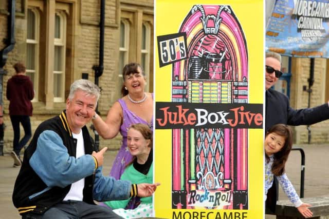 Steve Middlesbrough, organiser of Juke Box Jive, with CJ, Martin and Jacqueline Colyer, outside the Platform, Morecambe.