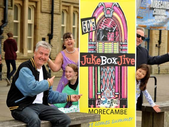 Steve Middlesbrough, organiser of Juke Box Jive, with CJ, Martin and Jacqueline Colyer, outside the Platform, Morecambe.