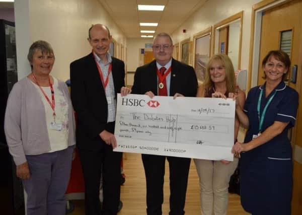 From left: Jean Hardy, Volunteer Fundraiser Friends of Royal Lancaster
Infirmary, Dr Paul Smith, Lead Clinician for Diabetes and Endocrinology,
Councillor Robert Redfern, Deborah Slater, Advanced Nurse Practitioner
and Janet Singleton, Diabetes Specialist Nurse.