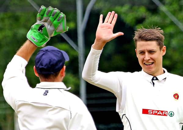 Torrisholme's Matt Jackson celebrates his wicket. Picture: Tony North.