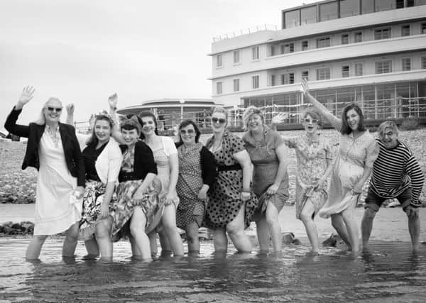 From left, Diana Heyes, Irena Vettese, Claire Cozler, Morgane Cozler, Emma Thornton, Kay Dickinson, Angela Palmer, Jane Upton, Kathryn MacDonald and Paul Kondras pose at the Vintage By The Sea Festival in Morecambe. Picture by Johnny Bean.