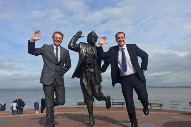 David Morris, MP for Morecambe and Lunesdale, with Jake Berry, Northern Powerhouse Minister, and the Eric Morecambe Statue.