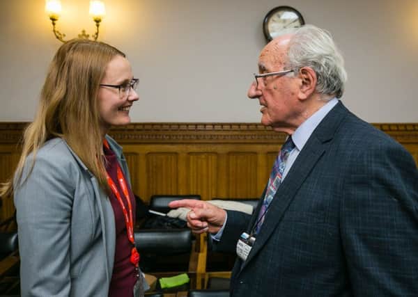 Cat Smith, MP for Lancaster and Fleetwood, at an event held in Parliament for Holocaust survivors. She is pictured with Ivor Perl. Photo by Yakir Zur.
