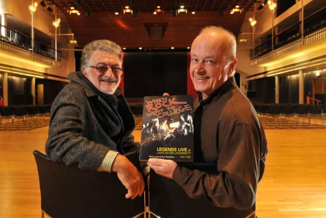 Barry Lucas and Paul Tomlinson, co-authors of new book 'When Rock Went to College' at the Great Hall, Lancaster University where so many huge rock stars performed in the 1970s and early 80s.