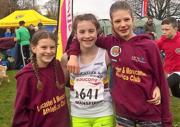 Lancaster and Morecambe ACs U13G team of Mia Brayshaw, Kirsty Maher and Maddie Hutton.