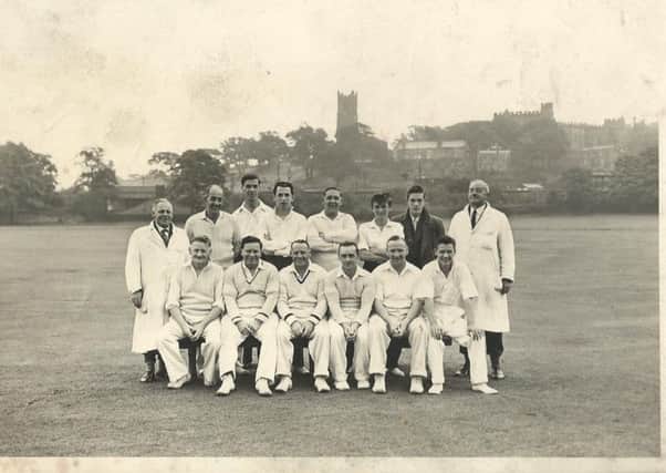 Storeys Cricket Club. Front row from left, Bob Duerden, Norman Mount, Jackie Clarke, Jimmy Mason, Ken Procter and Mick Brady. Back row from left, unknown (umpire), unknown, unknown, Terry Ainsworth, unknown, Keith Higginson, unknown, unknown (umpire).