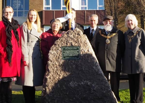 From left, County Councillor Lizzi Collinge, Lancaster MP Cat Smith, Jean Argles, the Standard Bearer, Andrew Halladay, the Mayor of Lancaster, Coun Roger Mace and the Mayoress, Joyce Mace with the plaque  at the Miss Whalley Field centenary event in Lancaster. Picture by Richard Evans.