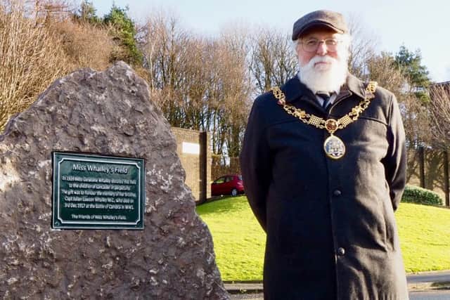 The Mayor of Lancaster, Councillor Roger Mace, next to the plaque at the Miss Whalley Field centenary event in Lancaster. Picture by Richard Evans.