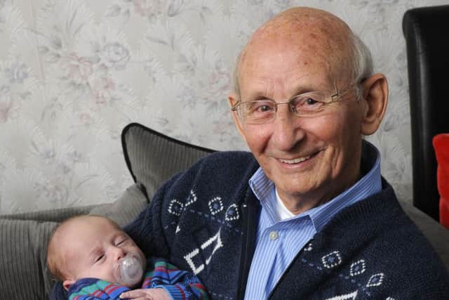 Five generations in one family.  Six-week-old Reggie Parkinson with great grandad 78-year-old James Parkinson.