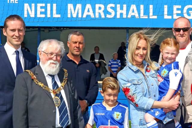 Neil Marshall's family were at the opening of the new stand named in his honour at Giant Axe on Saturday. Photo by Tony North.