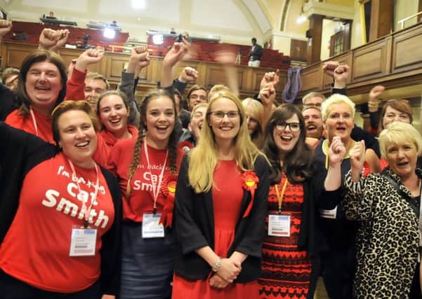 Cat Smith and her supporters celebrate at Lancaster Town Hall