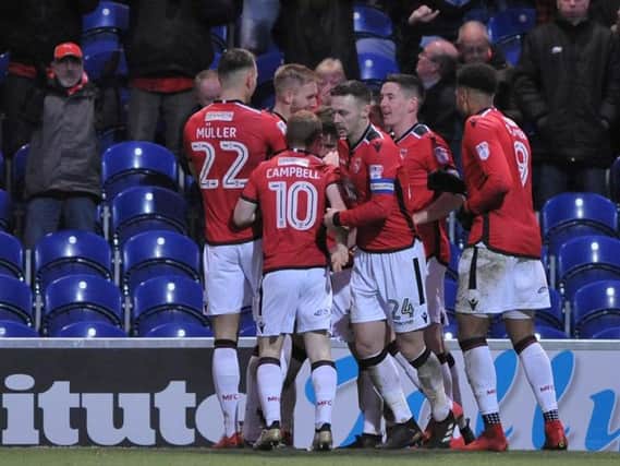 Morecambe celebrate Callum Lang's goal at Mansfield. Picture: B&O PRESS PHOTO