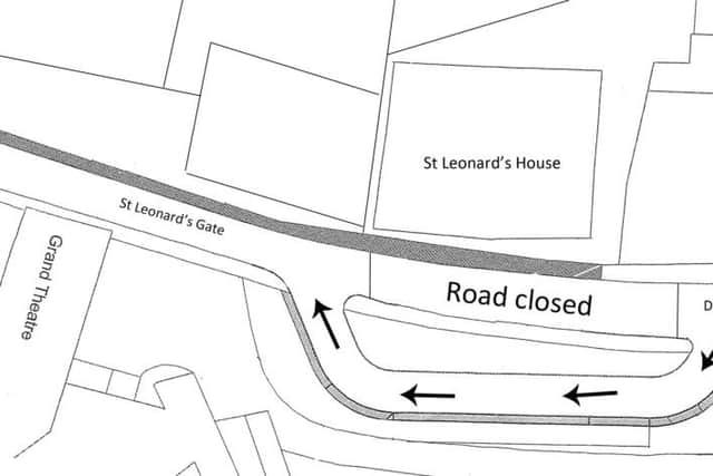 The map shows the diversion in St Leonard's Gate