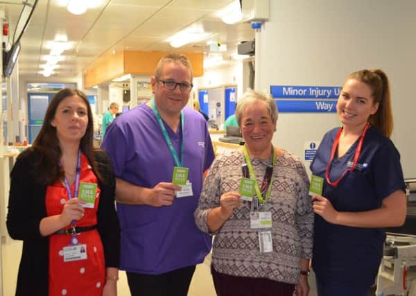From left: Catherine Hind, Samaritans Hospital Outreach Team Leader;
Paul Jebb, Assistant Chief Nurse; Jenny Dighton, Director of Samaritans of Lancaster and District; Charlotte Gregory, staff nurse at Royal Lancaster Infirmary.