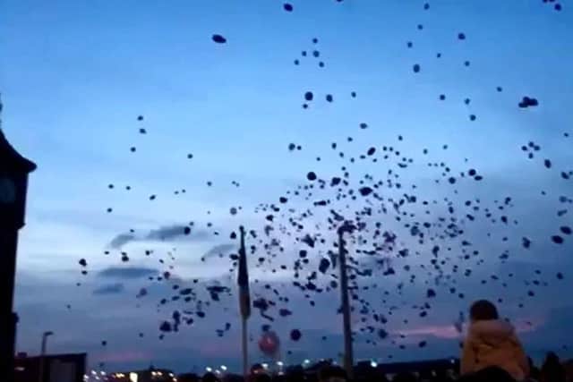 The balloon release in memory of Sian Waterhouse. Photo from video by Kaitlin Maskrey.