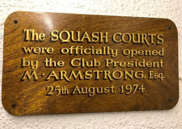 The plaque mounted in the squash courts at the Vale of Lune.