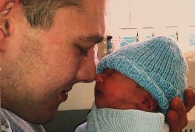 Jack Humpage with his dad Matt after being born premature at 35 weeks.