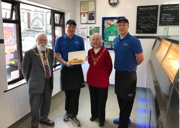 From left, the Right Worshipful Mayor of Lancaster, Councillor Roger Mace, Nigel Hodgson, Mayoress, Joyce Mace and Paul Eden from Hodgson's Chippy.