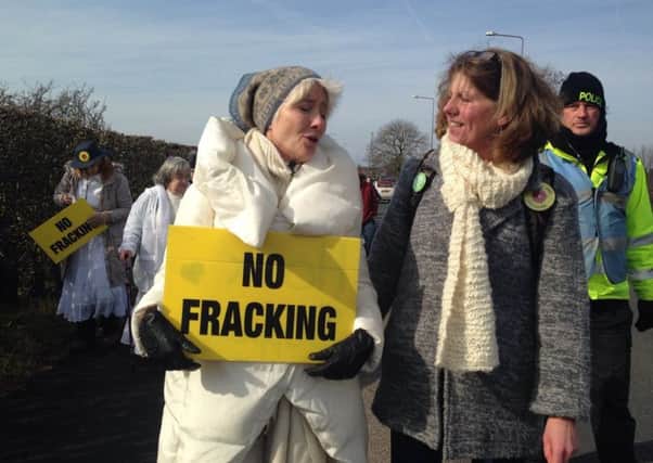 Actress Emma Thompson with  Gina Dowding, Green Party Lancashire County Councillor for Lancaster Central at the fracking protest.
