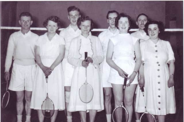 Wray Badminton Team, Badminton League Champions North West Yorkshire 1954-55. Left to right: Alwyn Sanderson, Grace Costello, Brian Townson, Alice Kenyon, Ted Holroyd, Margaret Travis, Vernon Johnson, Ethel Townson.