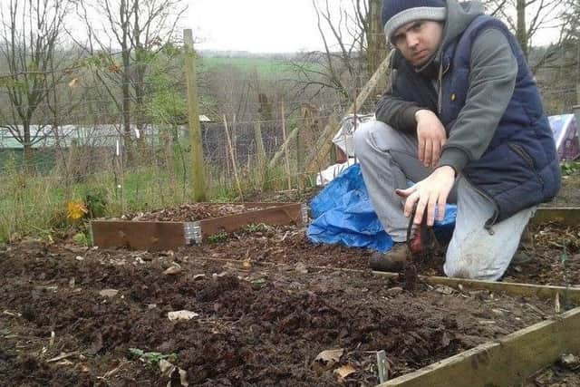 Sam Rogerson at Lancaster food growing project Fork to Fork, where he volunteered