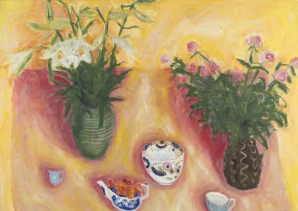 Still life lilies and china by Tina Balmer.