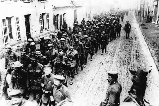 The scale of the overall German successes during the early days of the March Offensive can be seen in this image. It shows a 'long column of the first batch of British prisoners captured in the German breakthrough at St. Quentin arriving at a village south of St. Quentin, March 1918'. The long column, four men wide and disappearing into the mist, gives an idea of the large number of unwounded British soldiers that were taken prisoner. (Historic Military Press)