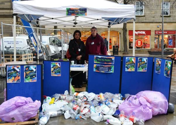 Councillors Andrew Kay and Liz Scott, members of the cross-party working group set up to oversee the campaign, at the stall in Market Square.