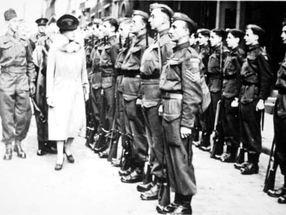 Her Royal Highness Mary, Princess Royal, inspecting Lancasters Home Guard during the Second World War