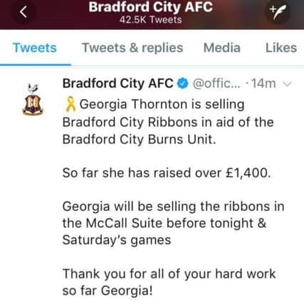 A tweet from Bradford City FC about Georgia's fundraising.
