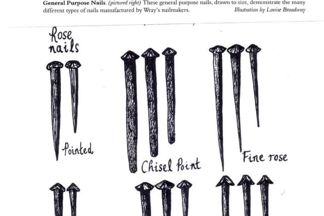 David Kenyon - nailmaking in Wray. General purpose nails - these general purpose nails, drawn to size, demonstrate the many different types of nails manufactured by Wray's nailmakers. Illustration by Louise Broadway.