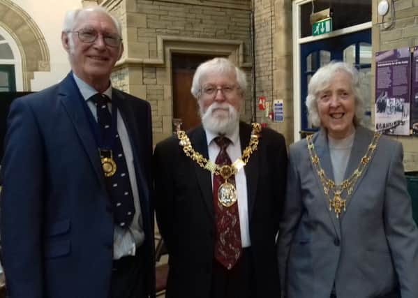 The Mayor, Councillor Roger Mace, and his wife Joyce pictured with Morecambe Philatelic Society president Peter Howitt at the recent stamp fair at The Platform.